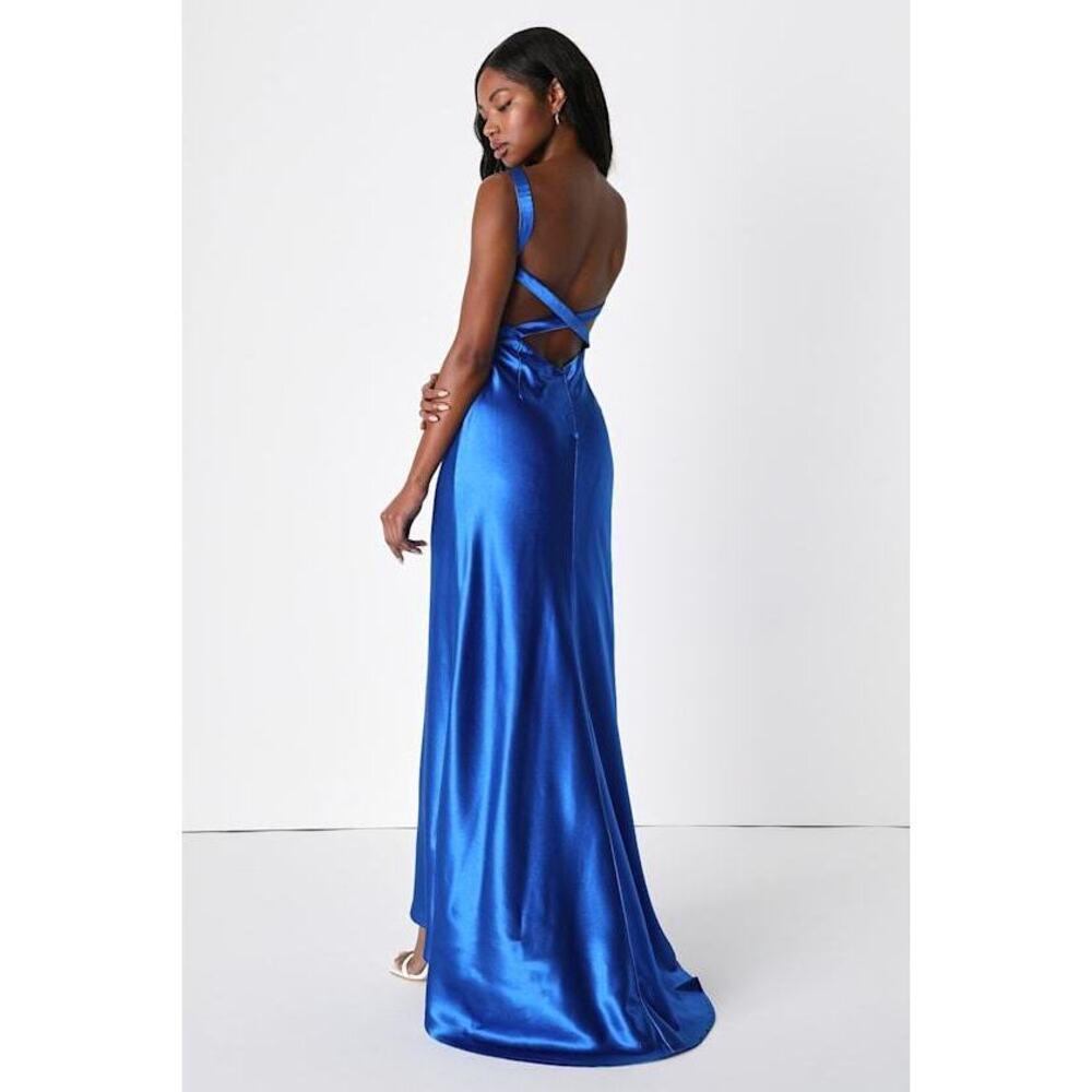 Lulus Perfectly Classy Royal Blue Satin Strappy Maxi Dress - Size M
